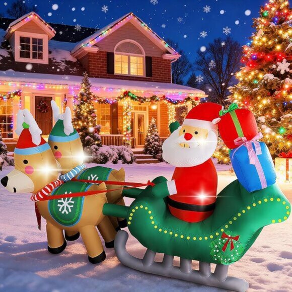 ⚡6.7FT Christmas Inflatables Santa Sleigh with Two Reindeer Outdoor Decorations - Picture 7 of 7